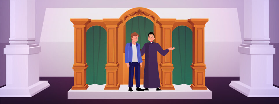 A church interior with columns, a confessional, and a priest and a man.