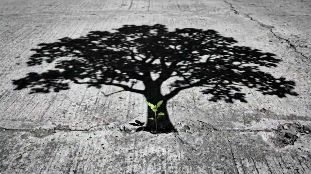 A minimalist conceptual image of a single green seedling growing from a crack in a dry concrete pavement, the tiny plant casting a disproportionately large shadow in the shape of a