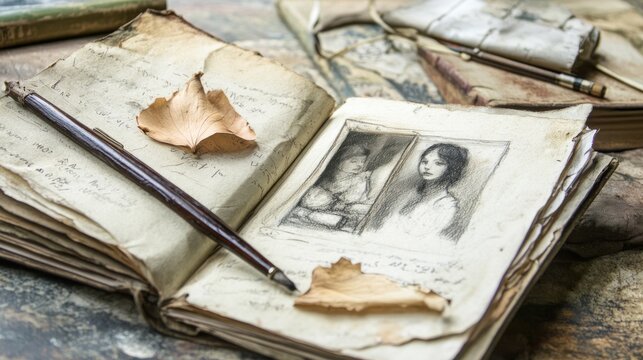 Vintage notebook with sketches and pen