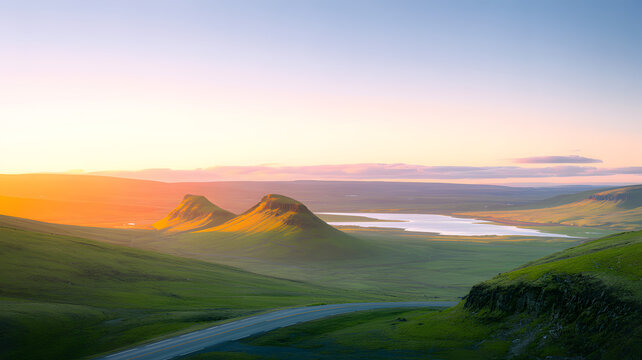 Rolling green hills bathed in golden sunrise light with a serene lake and distant mountains