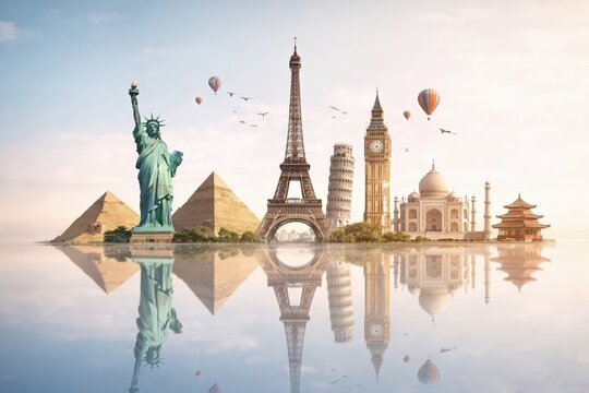 Global travel montage with iconic landmarks and hot air balloons over reflective water
