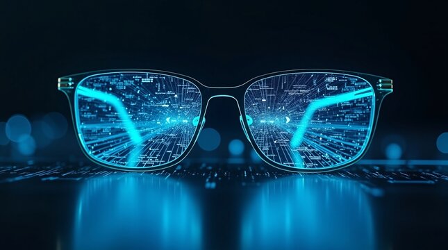 Sleek futuristic glasses with glowing cyan code lenses, representing AI, digital immersion, and cyber tech aesthetics.