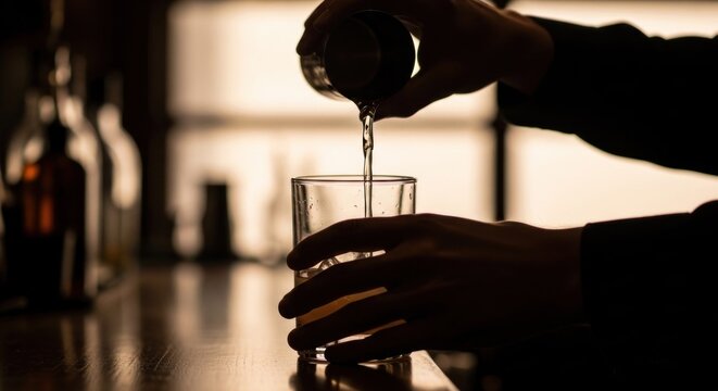 Bartender pouring drink into glass in bar setting.