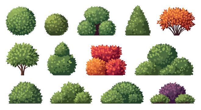 Green garden bushes and manicured shrubs collection, 13 vector landscape plants in various shapes, decorative topiary and hedge elements for architectural visualization