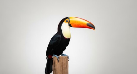 Fototapeta premium Colorful Toucan Perched on a Wooden Post Against a Neutral Backdrop.