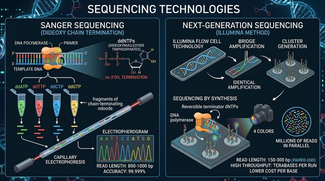 A detailed infographic comparing Sanger sequencing and next-generation sequencing technologies in molecular biology