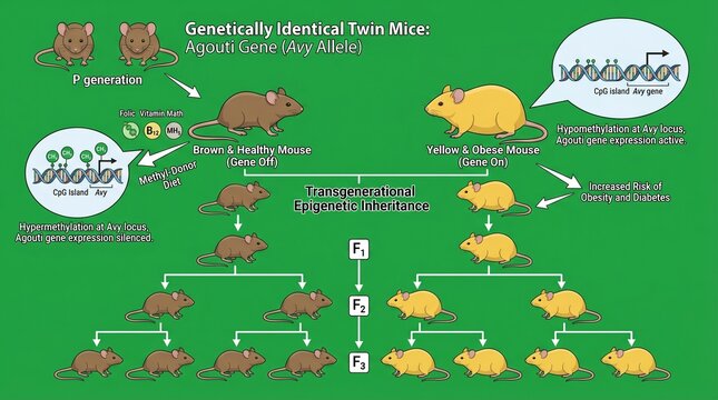 Genetically identical twin mice illustrating epigenetic inheritance of the Agouti gene
