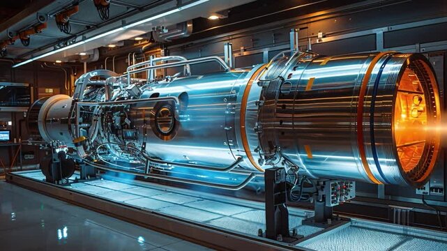 In a cutting-edge aerospace facility, scientists closely monitor a sleek, modern jet engine during a high-intensity performance test, regulating control systems, amidst vibrant flames