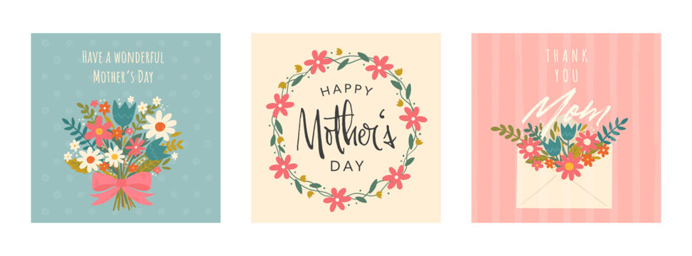 Lovely hand drawn Mother's Day designs, cute flowers and handwriting - great for cards, invitations, gifts, banners - vector designs