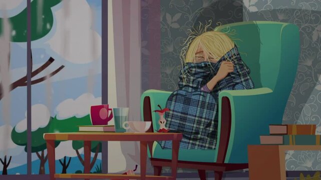 Student Sitting With Worried Expression Near Window. Room With Stormy View And Vulnerable Woman In Blanket
