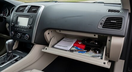 Fototapeta premium Car Interior View - Open Glove Compartment with Contents.