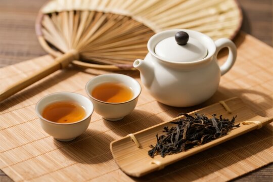 Traditional tea set with teapot, cups, dried tea leaves, and bamboo fan on a wooden mat