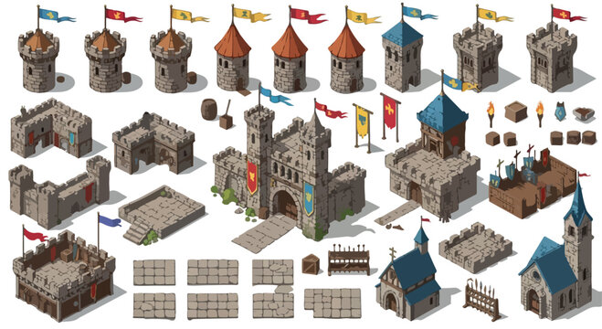 Isometric medieval castle constructor kit, stone fortress building elements with towers and flags, 2D game asset collection for strategy maps