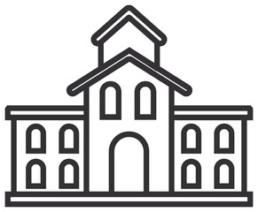 Minimalist black vector line icon of a school or university building with arched windows, a central entrance, and a gabled roof with a cupola, isolated on a white background illustration. © Hania