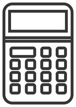 Professional black line art vector icon illustration of a digital calculator, representing finance, accounting, mathematics, and business calculations, isolated on a white background.
