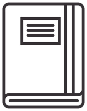 Black line art vector icon of a notebook or journal featuring a label on the cover and a vertical band, ideal for education, office supplies, and business-related graphic design projects.