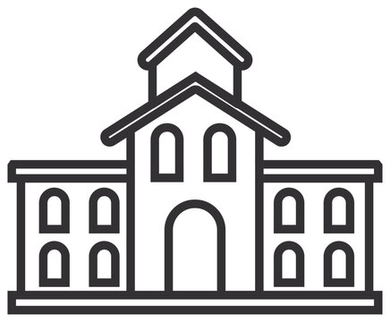Minimalist black vector line icon of a school or university building with arched windows, a central entrance, and a gabled roof with a cupola, isolated on a white background illustration.