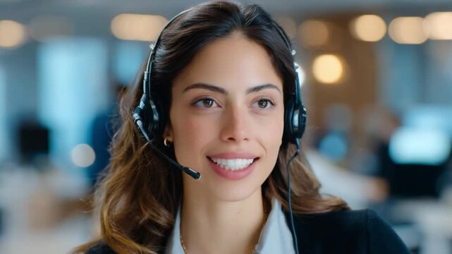 Smiling Support: An empathetic woman with a headset, offering assistance, her warm smile and attentive gaze conveying a sense of helpfulness and professionalism.