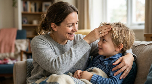 Mother touching child forehead checking temperature smiling relieved