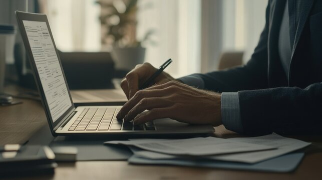 Man working on laptop and documents at desk