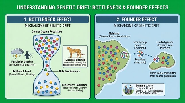An educational infographic explaining genetic drift through the bottleneck and founder effects in biology.