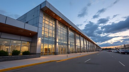 Fototapeta premium Wide view of a modern commercial building facade illuminated by interior lights at dusk under dramatic cloudy skies