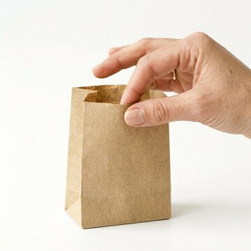 Hand Reaching into a Small Brown Paper Bag on a White Background.