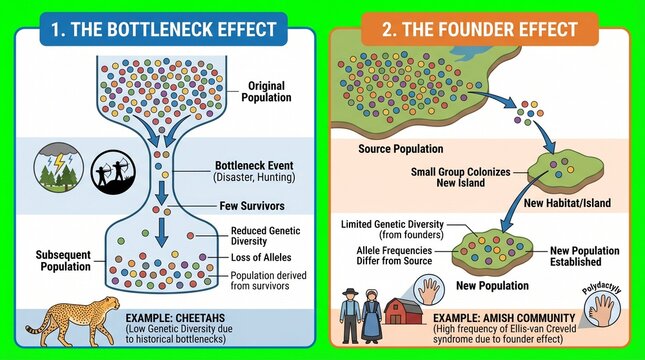 An infographic explaining the bottleneck effect and founder effect in genetics with examples of cheetahs and Amish community