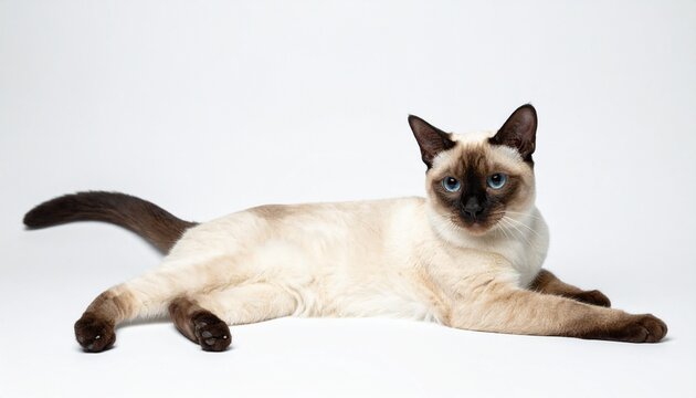 portrait of a Siamese cat lying down comfortably on a pure white background.