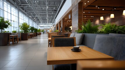 Obraz premium A bright and airy modern cafe interior featuring comfortable seating natural wood accents and abundant greenery