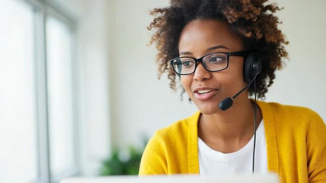 Young woman wearing a yellow cardigan and a white shirt, with curly hair, smiling and wearing a headset, representing a customer service representative or a call center operator..