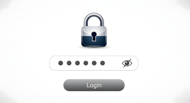 Secure online access and login interface with padlock and password field for authentication and system entry
