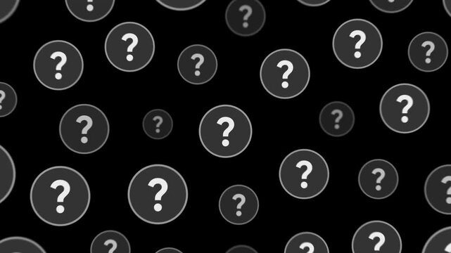 Animated multiple question marks filling the screen and merging into one central symbol for a FAQ Q&A session stinger transition or mystery concept overlay on transparent background.