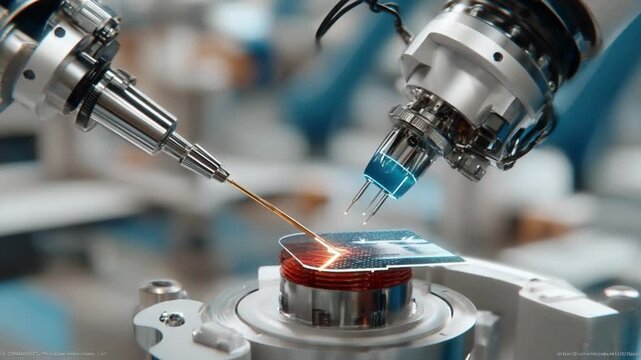 Precision Robotics: A close-up view of advanced robotic arms meticulously working on an electronic circuit board. the scene highlights the synergy of technology and precision engineering.