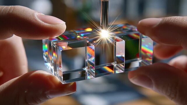 Laser Precision: A person carefully manipulates a crystal block, expertly utilizing a laser beam to etch intricate patterns. A display of cutting-edge technology and precision craftsmanship. 