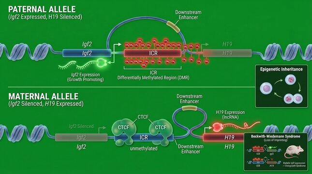 Genetic illustration of parental and maternal alleles with epigenetic inheritance and gene expression