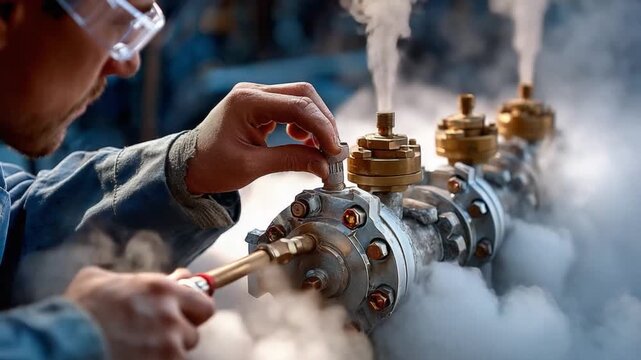 Industrial Precision: A skilled technician, clad in safety gear, meticulously adjusts a valve on a complex industrial machine, showcasing the intricacies of technology.