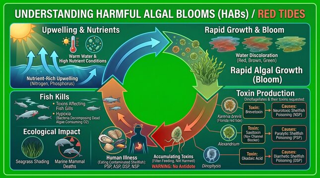 An informative diagram illustrating the cycle of harmful algal blooms and their ecological impact on marine environments.