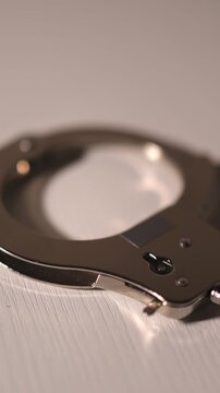 Steel handcuffs. Toy handcuffs. Handcuffs for games. Slow motion video. High quality 4k footage