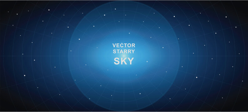 Vector Starry Sky Background Featuring Glowing Center Point Blue Gradient Radiating Circles and Tiny Stars for Cosmic Space Themed Designs