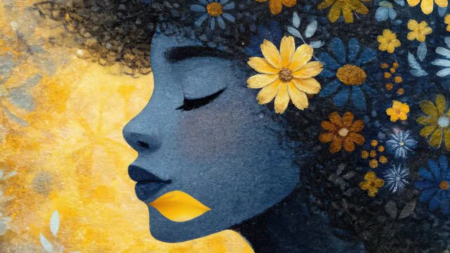 Abstract depiction of a serene female profile, adorned with vibrant blossoms, symbolizing emotional healing, mental wellness, fostering self-care and inner harmony