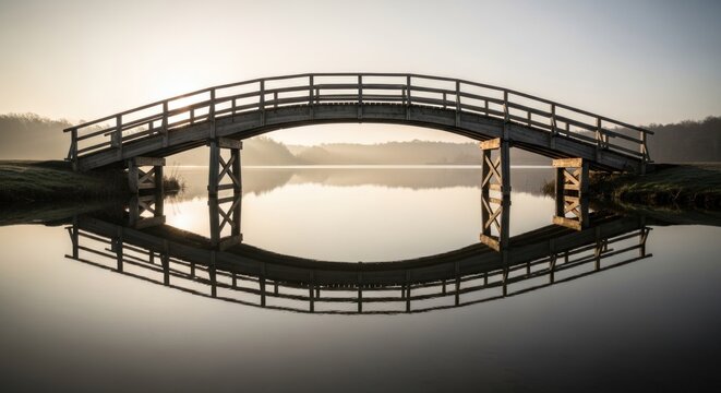 Wooden bridge reflection over calm lake at sunset peaceful scenery.