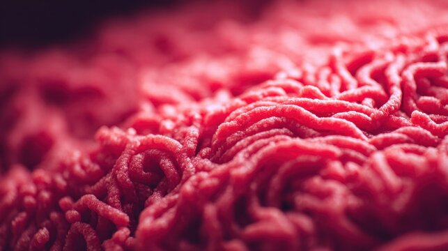 Close-up view of finely minced raw beef showing intricate texture and color variations, highlighting the freshness and quality of the meat for culinary use in various dishes
