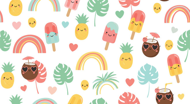 Seamless pattern with cute kawaii summer elements including pineapple coconut popsicle and rainbow for tropical theme background vector.