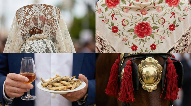 Seville April Fair collage with shawl wine tapas and horse detail