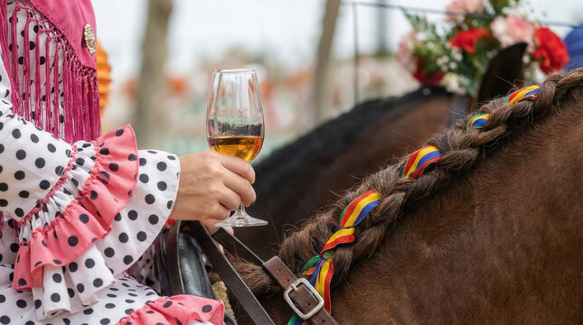 Woman on horseback holding sherry at Seville April Fair tradition scene