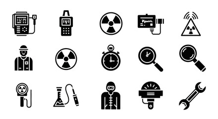 Obraz premium Radiation hazard icons, warning signs, and symbols, nuclear safety illustrations, 20 black vector graphics