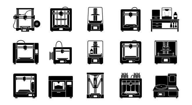 3D printer icon set, 15 black solid vector silhouettes of additive manufacturing machines, industrial rapid prototyping equipment for engineering