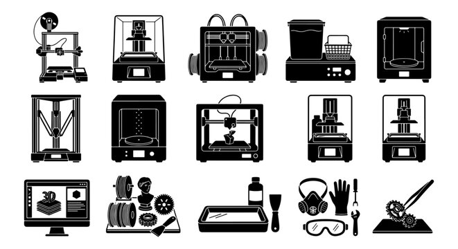 3D printer icon set with 15 vector elements, additive manufacturing equipment icons, industrial rapid prototyping machines and safety gear symbols