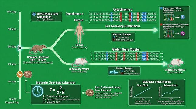 A detailed infographic illustrating the molecular clock rate calculation and gene comparison between humans and mice